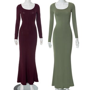 2025 primavera tejido manga larga sólido espalda descubierta encaje hasta cuello cuadrado vestidos de mujer elegante fiesta de noche ropa informal básica - Product Image 2