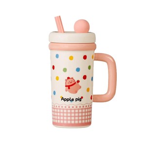 Apple Pig Ceramic Straw Mug With <b>Lid</b> And Handle Cartoon Pattern Office <b>Coffee</b> <b>Cup</b> For Women Large Capacity - Product Image 2