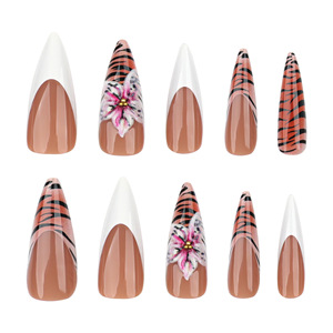 <span class=keywords><strong>Uñas</strong></span> Postizas con Diseño de Rayas de Tigre Estilo Punk, Alta Calidad, Cobertura Total, Diseño 3D con Flores, Punta Francesa, Largas y Estilizadas, Reutilizables, Arte de <span class=keywords><strong>Uñas</strong></span> Acrílicas - Product Image 2
