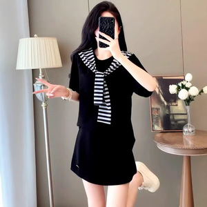 Korean Style Preppy Skirt Set For Women Short Sleeve T Shirt And Shawl Three Piece Set Black Gray Polyester Casual Wear - Product Image 5