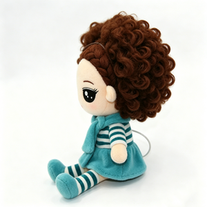 Muñeca de Peluche de Niña con Cabello Rizado Castaño, Adorable Juguete de Peluche con Vestido Verde Azulado, Bufanda y Atuendo a Rayas, Muñeca de Peluche Sentada Suave - Product Image 3