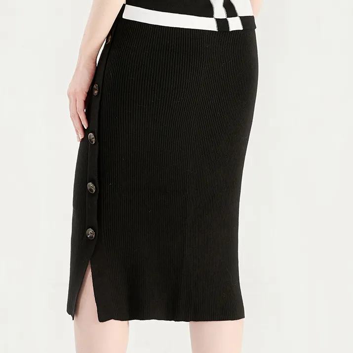 All Seasons Women Wool Straight Skirt With Knee-Length Knitted Aesthetic Empire Waist High Elasticity Button Decoration