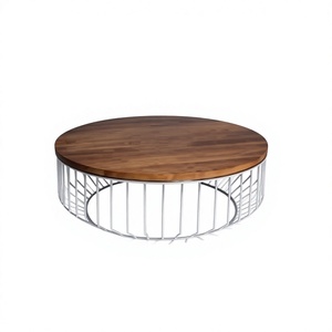 <b>Round</b> Wooden Top <b>Console</b> <b>Table</b> with White Metal Wire Base Modern Low Height Living Room Furniture Storage - Product Image 1