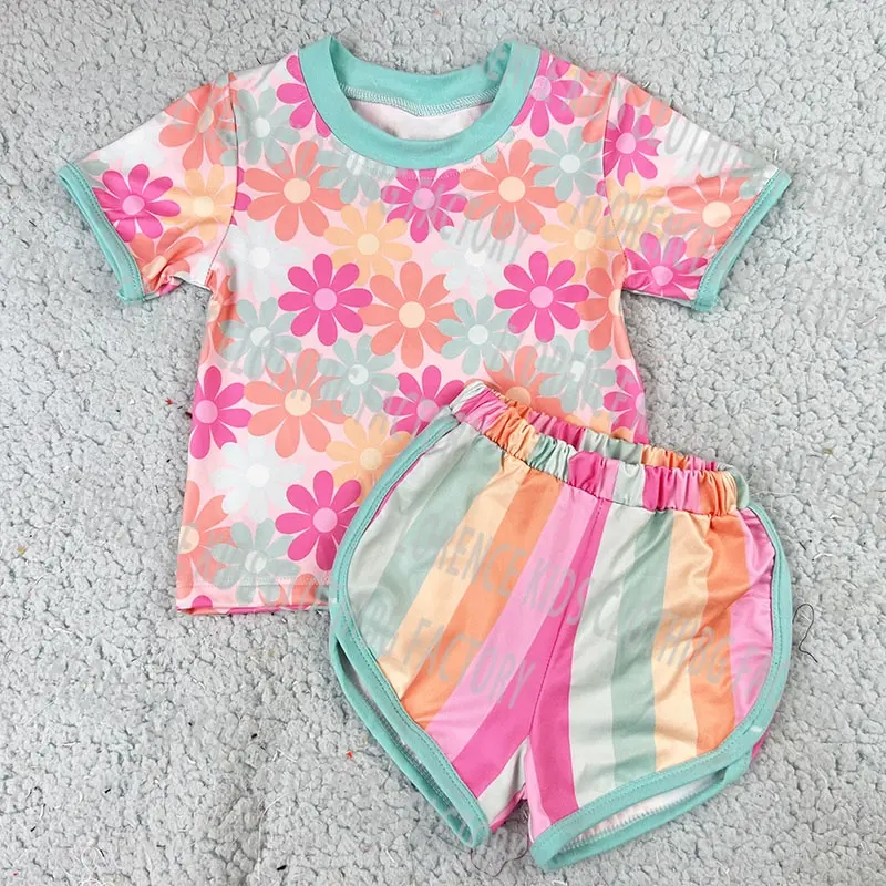 DH OEM spring daisy sweet print toddler children t shirt top with hot shorts 2 piece clothing sets baby girl set