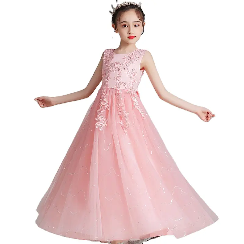 Vestido boutique infantil de cores sólidas para meninas, vestido de princesa para festas e festas, sapatos infantis para casamentos, flor, vestido de noite