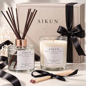 Set de Regalo de Fragancia para el Hogar Aikun Sandalwood Musk en Caja con Difusor de Varillas de Aceites Esenciales y Vela Aromática Hecha a Mano OEM - Product Image 1