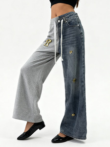 <span class=keywords><strong>Pantalones</strong></span> Vaqueros Holgados de Moda para Mujer al por Mayor, con Parches de Tela en Contraste, Pierna Recta Relajada, Denim Suave para Mujer - Product Image 4