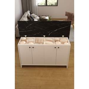 Carrito de Cocina Moderno Ayder de 160 cm, Innovador con 4 Puertas y Almacenamiento Oculto, Mesa de Bar de Roble Macizo en Blanco y Negro - Product Image 1