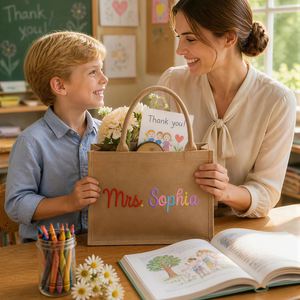 Sac fourre-tout en lin personnalisé au crochet avec nom, idéal pour la recompense des enseignants (Mme) Cadeau pour la rentrée scolaire - Product Image 5
