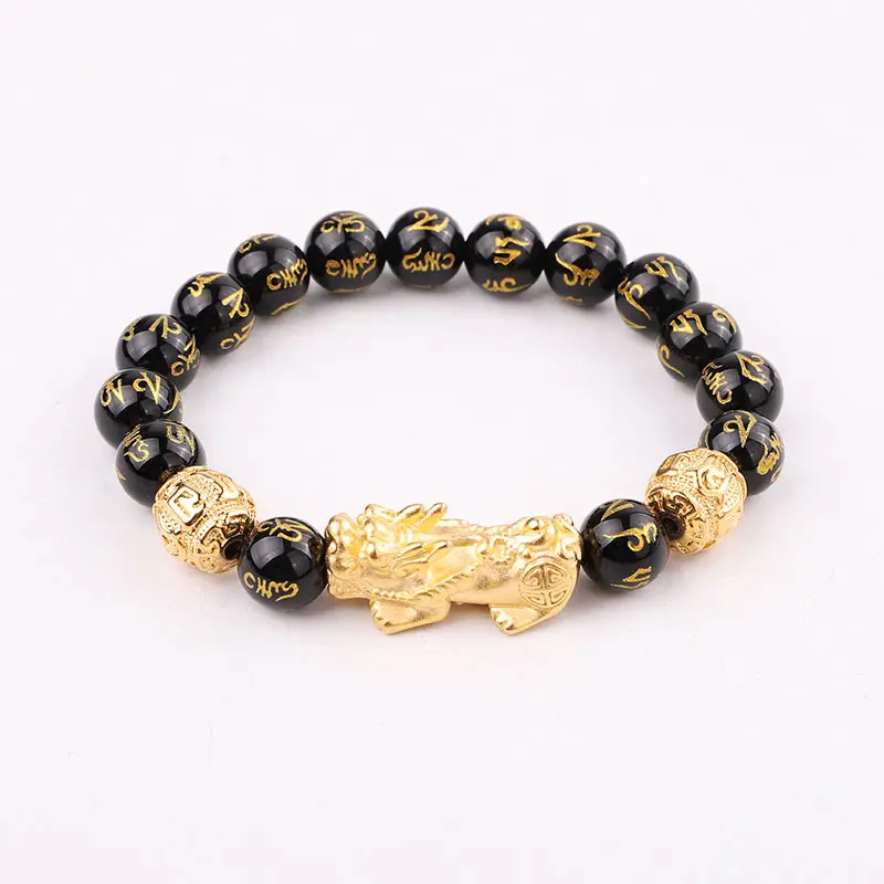 High Quality Natural Stone Brass 18K Gold Plating Pixiu Charm Tibetan Agate Beads Elastic Bracelet Men