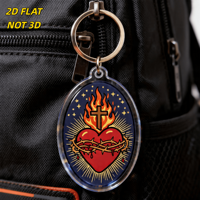 Porte-clés Cœur Sacré, design Flamme, Croix et Couronne d'épines, breloque ovale en acrylique pour clés ou sac, style art religieux tatoué