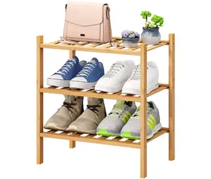 Bambu rak penyimpanan sepatu dapat ditumpuk, gratis rak berdiri pintu masuk dan lemari lorong sepatu 3-Tier untuk lemari
