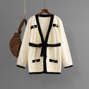 Nuevo suéter de mujer Prendas de punto Cuello en V Contraste Color con cordones Botón de talla grande Manga larga Cárdigan de moda de viaje - Product Image 4