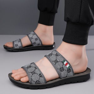 Men's Summer Casual <b>Slides</b> Lightweight Beach Sandals Korean Style Slip-On Shoes Gray Brown Youth Trendy Embossing Logo - Product Image 4