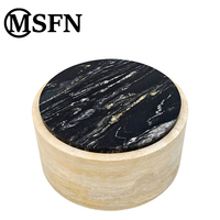 Table basse Wabi Sabi durable en travertin naturel avec base cylindrique et plateau rotatif en marbre noir pour salon/villa/hall d'hôtel