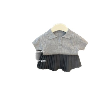 Tongxingyuan Girls School Uniform Short Sleeve Polo Knitted Top With Pleated Skirt Set Solid Color Cotton Outfit - Product Image 5