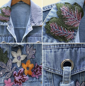 Manteaux Courts en Jean pour Femmes Broderie Florale Streetwear Tendance Hip Hop Vestes en Jean Décontractées et Amples - Product Image 3