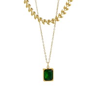Collar de cadena de espiga cuadrada de circonita cúbica (CZ) para mujer, doble capa, de acero inoxidable, con esmeralda, ideal para regalo, venta al por mayor