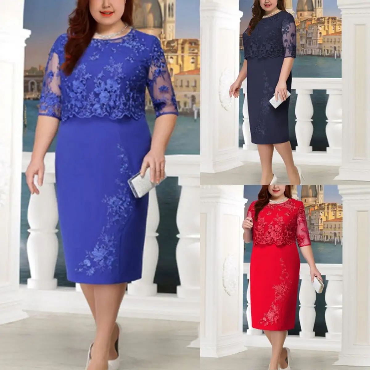Lace stitching plus size dress false two-piece set fat large casual dresses three colors and eight sizes in stock