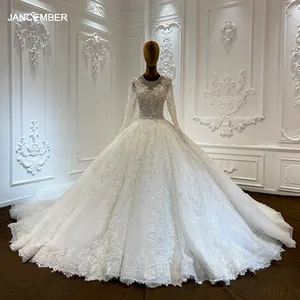 Luxury beading with floral applique puffy long sleeve princess ball gown vintage wedding dress with cathedral train LSCJ30