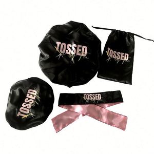 Wig Bonnet Edge <b>Scarf</b> Set Custom Logo Double Layer Hair Wraps Sleep Cap Bags Satin Bonnets With Drawstring Promotion Gift - Product Image 1