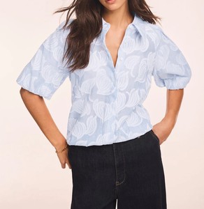 Blue Cotton Jacquard Solid & Floral Print Bubble Sleeve Turn-<b>down</b> Collar Elegant Women's Blouse Anti-Pilling Washable - Product Image 1