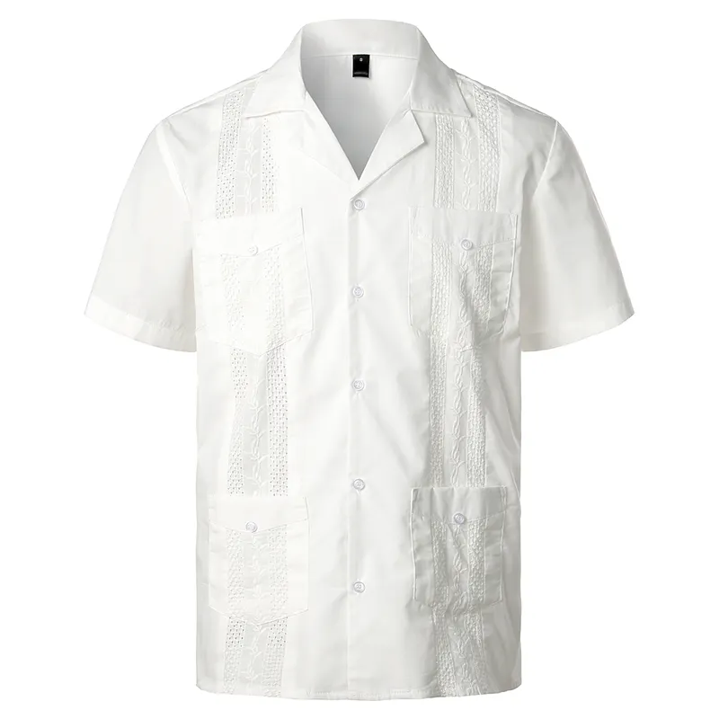 플러스 사이즈 전통적인 4 포켓 자수 Guayabera 셔츠 반소매 비치 셔츠