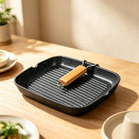 Wajan Panggang Lipat 34X24CM dengan Gagang Kayu, Anti Gores, Anti Lengket, Wajan Goreng Persegi Aluminium untuk Memasak Steak di Luar Ruangan