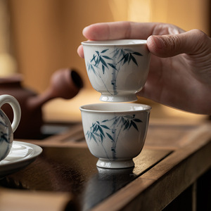 Hand Painted Blue Bamboo Ceramic <b>Teacup</b> Porcelain Single Cup Chinese Retro Underglaze Kung Fu Tea Set - Product Image 1