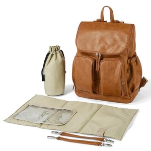 Sac à langer en cuir BSCI avec matelas à langer et sangle de poussette, sac à dos de maternité pour maman et bébé - Product Image 1