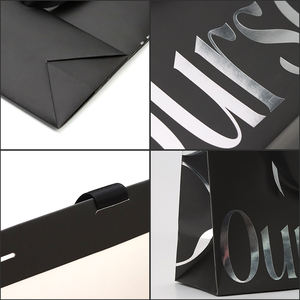 <span class=keywords><strong>Sac</strong></span> fourre-tout pliable en papier noir avec impression numérique et logo argenté à chaud, emballage <span class=keywords><strong>de</strong></span> luxe pour le shopping, pliable avec ruban, vente en gros - Product Image 5