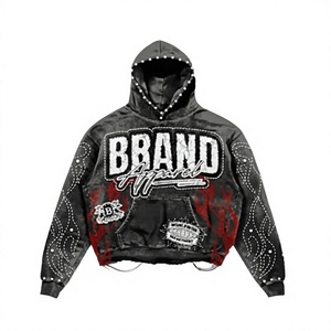 Sweat à capuche zippé surdimensionné personnalisé pour homme 2026, effet délavé, avec patch en strass, style streetwear vintage, en molleton, sweat à capuche graphique personnalisé - Product Image 2