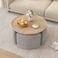 Ensemble de table basse ronde en bois Japandi avec 4 tabourets en tissu, style crème minimaliste, meubles multifonctionnels pour le salon