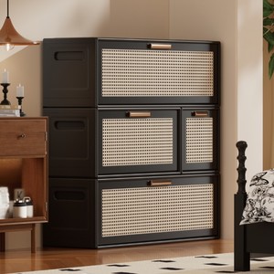 Modular Storage <b>Cabinet</b> 3 Compartments Black Rattan Door Living Room Bedroom Use - Product Image 1
