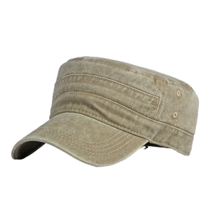 High Quality Vintage Distressed <b>Flat</b> Top <b>Hat</b> Unique Design Cadet <b>Cap</b> Unisex Common Washed Cotton Olive Baseball <b>Cap</b> 6-Panel - Product Image 4