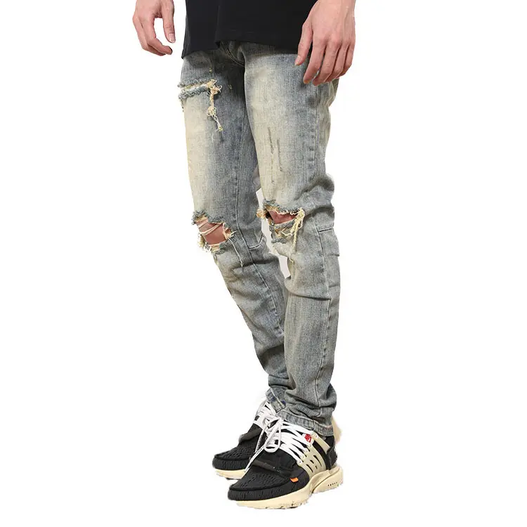 European High Stretch Ripped Jeans Fog Street Washed Slim Feet Tight Trousers Jeans For Men Skinny Hole Zips Boys Pants