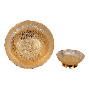 Tazón de latón dorado hecho a mano con cuchara y bandeja Juego de servir Juego desechable de 9 piezas en caja de terciopelo para fiestas - Product Image 1