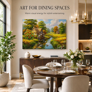 Peinture <span class=keywords><strong>à</strong></span> l'huile sur toile, décor mural, motif <span class=keywords><strong>moulin</strong></span> <span class=keywords><strong>à</strong></span> <span class=keywords><strong>eau</strong></span>, ruisseau, tournesols, canards, cabane <span class=keywords><strong>à</strong></span> toit <span class=keywords><strong>de</strong></span> chaume, <span class=keywords><strong>roue</strong></span> <span class=keywords><strong>à</strong></span> <span class=keywords><strong>eau</strong></span>, art populaire, peint <span class=keywords><strong>à</strong></span> la main - Product Image 5
