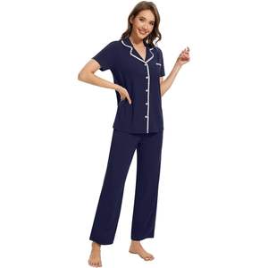 Ensemble de pyjama pour femmes personnalisé, vêtements de nuit boutonnés, viscose de bambou douce, ensemble de vêtements de détente 2 pièces avec poches, tailles S à XXL - Product Image 1