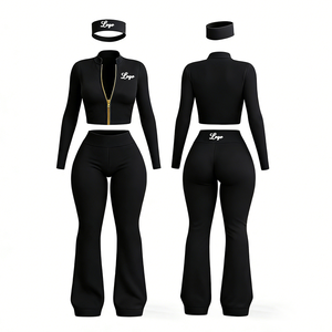 Conjunto Deportivo con Logotipo Personalizado, Chaqueta de Yoga con Cierre Completo y Pantalones Acampanados, Diadema a Juego, Conjunto de 3 Piezas para Gimnasio, Estilo Y2K, Ropa Deportiva para Mujer - Product Image 2