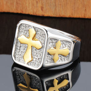 Anillos Hiphop Resistentes al Deslustre e Impermeables, de Buena Calidad, Chapados en Oro PVD de 14k y 18k, Anillo Grueso con Cruz de Acero Inoxidable 316L para Hombre - Product Image 4