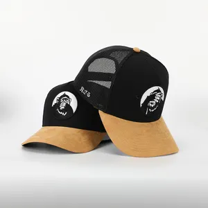 Custom Mens 5 Panel Vlakte Gebogen Suède Rand Borduren Logo Mesh Terugschieten Gorras Katoen Twill Trucker Hoed Caps