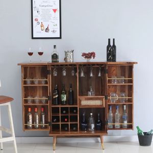 Contemporary Sheesham Wood Bar <b>Cabinet</b> <b>Rustic</b> Teak Finish Solid Hardwood Multi Storage Bar Furniture for Home Living Room - Product Image 1