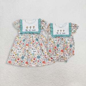 Vestido de Pascua para Niñas en Stock, con Diseño de Cruz, Flores y Hojas, en Azul-Verde, con Encaje y Manga Corta, Ropa para Niñas - Product Image 1