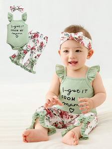 Abbigliamento Estivo per Bambina, Set <span class=keywords><strong>2</strong></span> Pezzi in Morbido Cotone con Maglietta con Scritta e Pantaloni Lunghi con Stampa Floreale, Maniche a Volant - Product Image 6