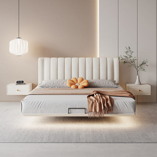 Suspended Bed Creamy Style Light Luxury Modern Nordic Minimalist Creamy Style Master Bedroom Double Leather Bed Floating Bed