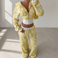 Setelan Wanita Y2K Kuning Kamuflase Dua Potong Streetwear Hoodie Crop Beritsleting dan Celana Panjang Lebar Tracksuit