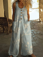 Combinaison ample vintage d'été pour femme, col en U, boutonnée sur le devant, imprimé floral, sans manches, avec poches, jambes larges, idéale pour les vacances et le quotidien