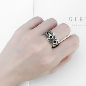 Fengshuiジュエリーアジャスタブルリングレトロシルバーカラー調節可能な縁起の良い5つの皇帝コインリング男性用 - Product Image 5