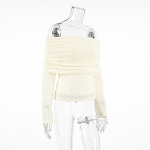 T-shirt en maille jacquard sexy à épaules tombantes, sans col, coupe ajustée, élégant et polyvalent pour femme - Product Image 5